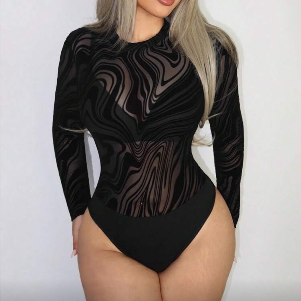 Black sheer Swirl Long Sleeve Bodysuit